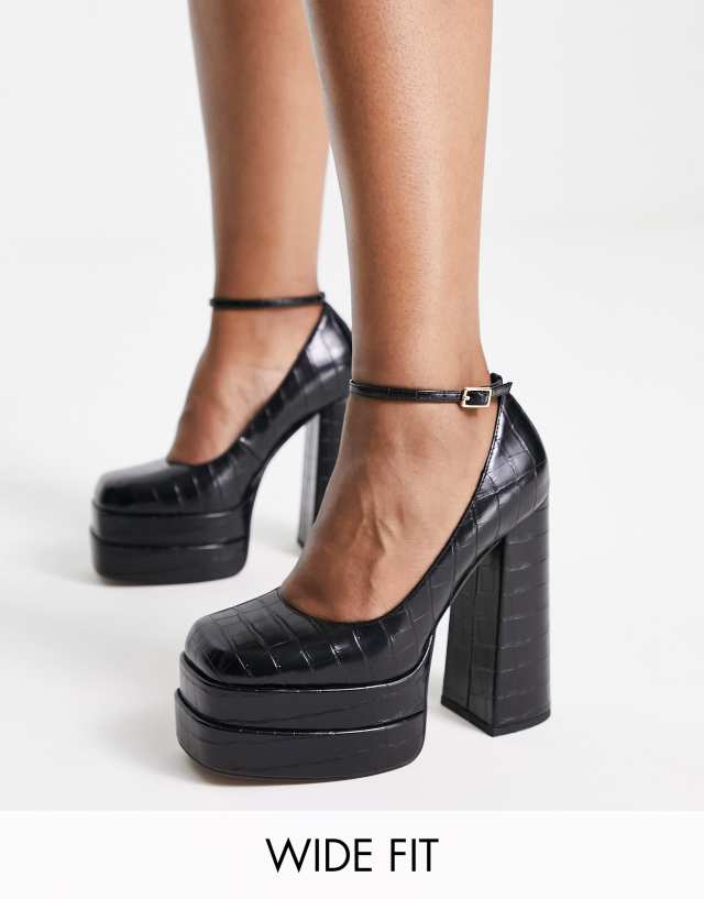 ASOS DESIGN Wide Fit Pistol double platform heeled shoes in black croc