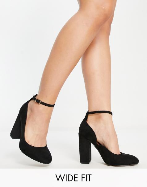 Black pointed toe clearance pumps with ankle strap