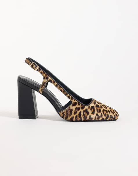 ASOS DESIGN Wide Fit Polish premium hair on real leather slingback block heeled shoes in animal print - view 1