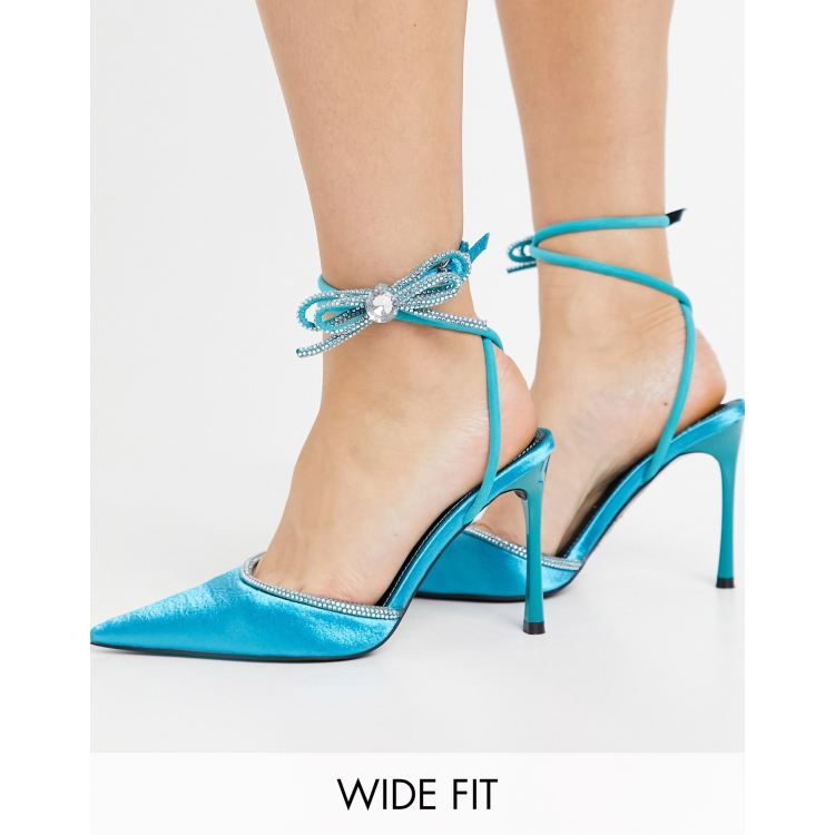 ASOS DESIGN Wide Fit Polly embellished bow high heels in blue