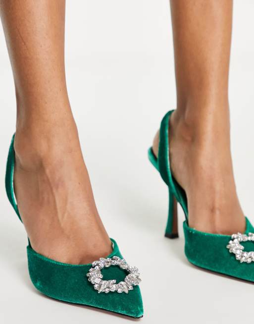 ASOS DESIGN Wide Fit Poppy embellished slingback high heeled shoes in green