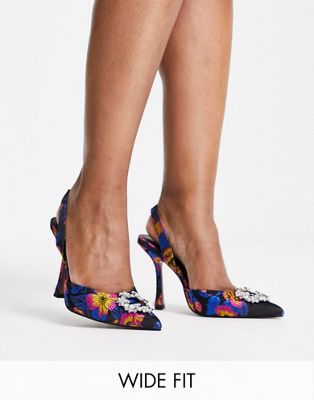 ASOS DESIGN Wide Fit Poppy embellished slingback high heeled shoes in ...
