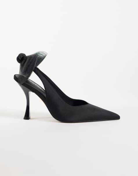 ASOS DESIGN Wide Fit Poppy sko med høj hæl og mesh-sløjfedetalje i sort satin - view 1