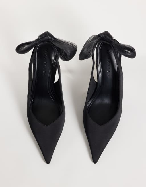 ASOS DESIGN Wide Fit Poppy sko med høj hæl og mesh-sløjfedetalje i sort satin, 2 af 4