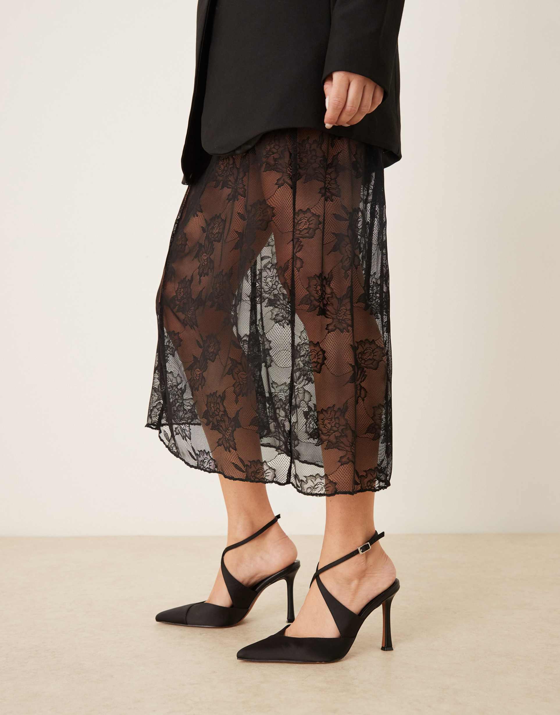 asos design wide fit porscha cross-over detail high heel shoes in black satin