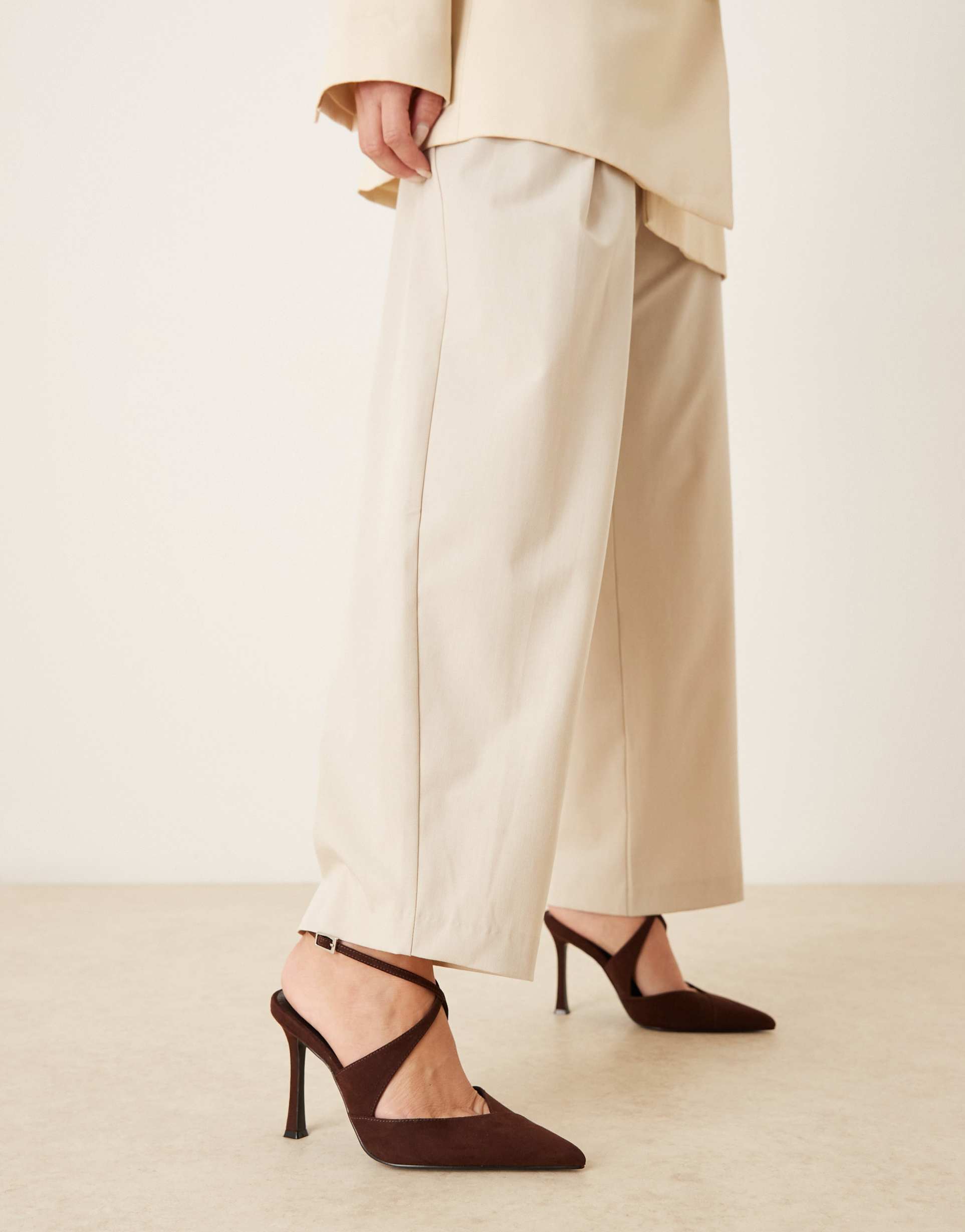 asos design wide fit porscha cross over detail high heel shoes in chocolate suedette