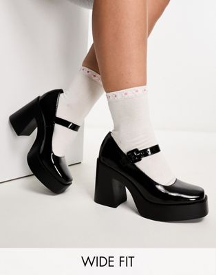 ASOS DESIGN Wide Fit Pound platform mary jane heeled shoes in black | ASOS