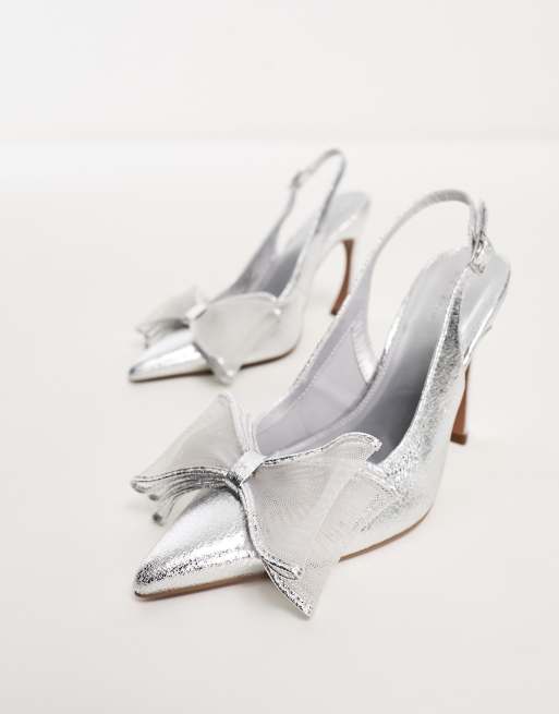 ASOS DESIGN Wide Fit Princess bow slingback high shoes in silver