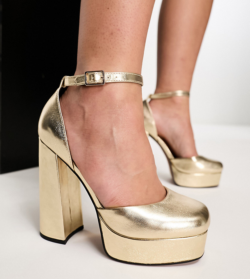 Asos Design Wide Fit Priority Platform High Heeled Shoes In Gold