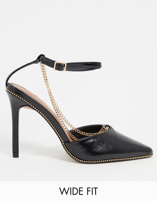 ASOS DESIGN Wide Fit Priscilla pointed high heels with chain in black ...