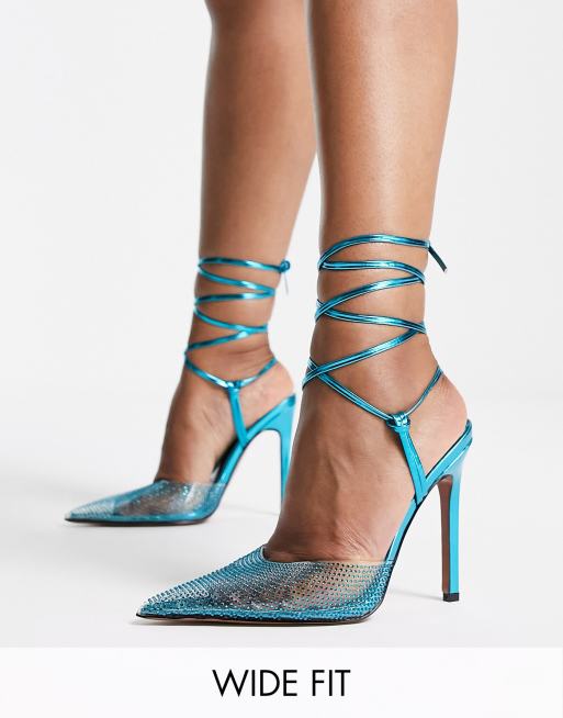 ASOS DESIGN Wide Fit Prize embellished tie leg high heeled shoes in blue