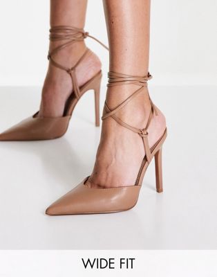 Asos Design Wide Fit Prize Tie Leg High Heeled Shoes In Beige-neutral