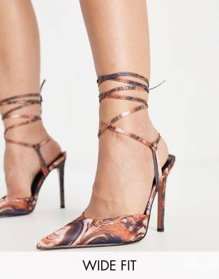ASOS DESIGN Wide Fit ASOS DESIGN Wide Fit Prize tie leg high heeled shoes in brown swirl-Multi
