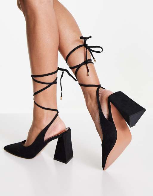 ASOS DESIGN Wide Fit Prize tie leg high heeled shoes in black