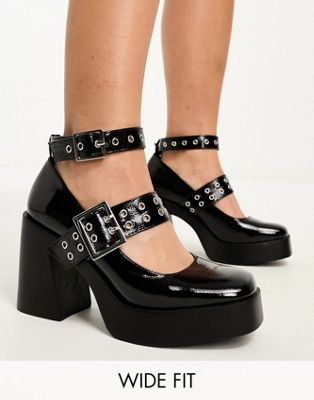 Asos Design Wide Fit Proof Hardware Detail Mary Jane Heeled Shoes In Black