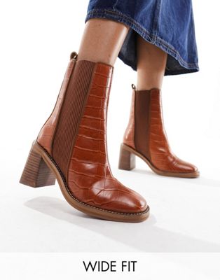 Asos Design Ratings Leather Chelsea Boots In Tan Croc-brown