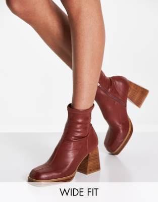 ASOS DESIGN Wide Fit Ratio square toe sock boots in brown