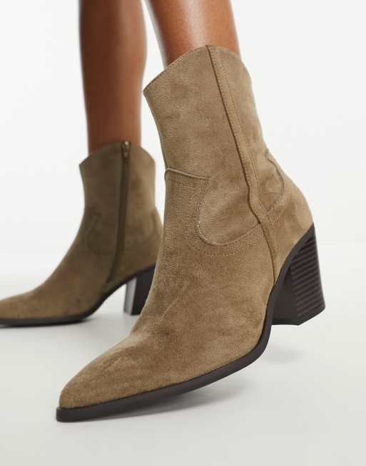 Taupe Leather Western Ankle Boots