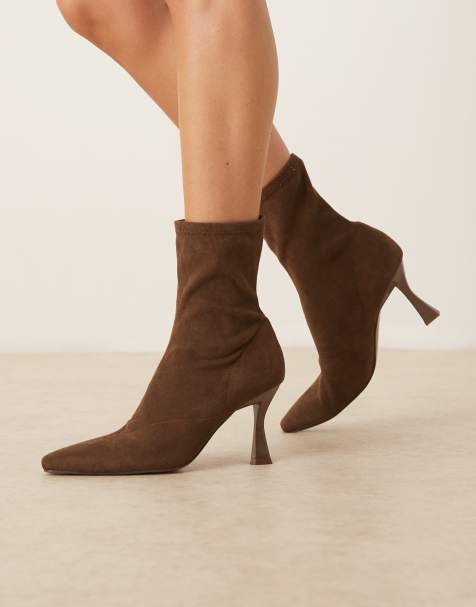 ASOS DESIGN Wide Fit Reagan chisel toe sock boots in chocolate suedette - view 1