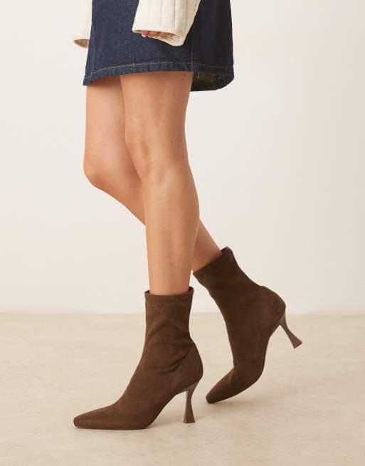 ASOS DESIGN Wide Fit Reagan chisel toe sock boots in chocolate suedette