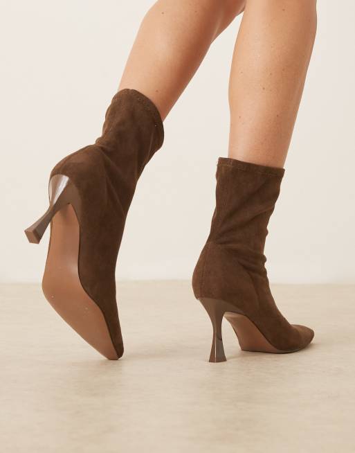 ASOS DESIGN Wide Fit Reagan chisel toe sock boots in chocolate suedette