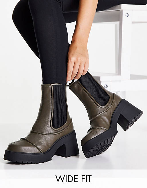 ASOS DESIGN Wide Fit Reason chunky mid-heel boots in khaki