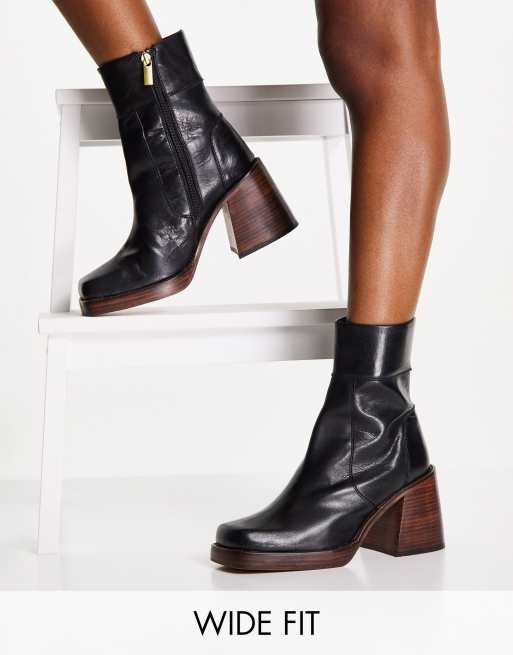 ASOS DESIGN Wide Fit Region leather mid-heel boots in black | ASOS