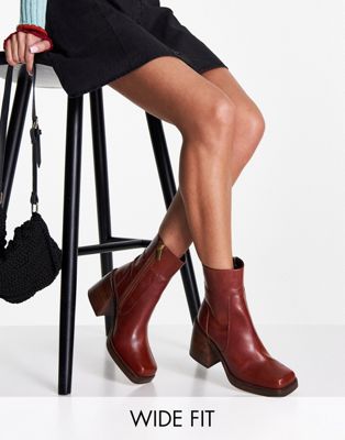 ASOS DESIGN Wide Fit Region leather mid-heel boots in tan | ASOS