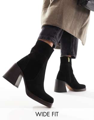 Shop Asos Design Wide Fit Region Suede Mid-heel Boots In Black