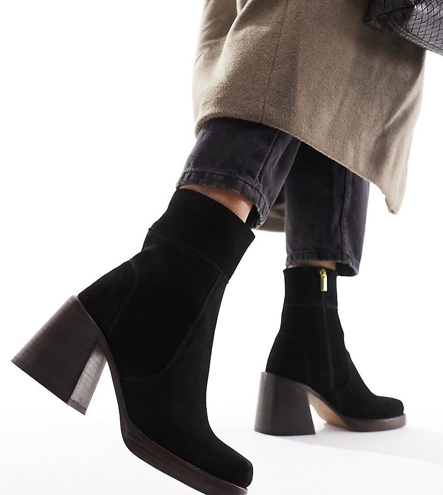 Wide Fit Region suede mid-heel boots in black