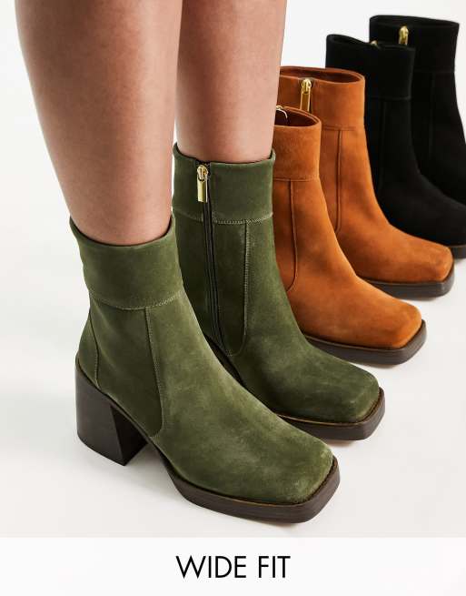 ASOS DESIGN Wide Fit Region suede mid-heel boots in khaki