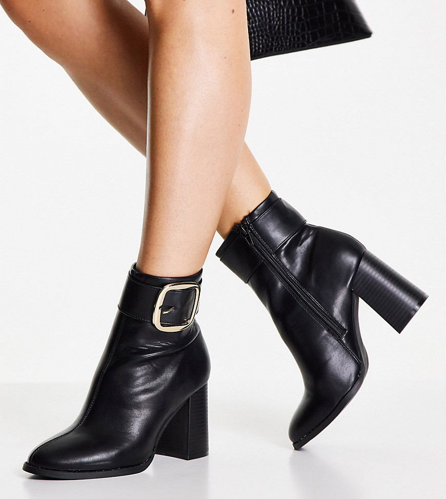 ASOS DESIGN Wide Fit Repeat block heel buckle boots in black