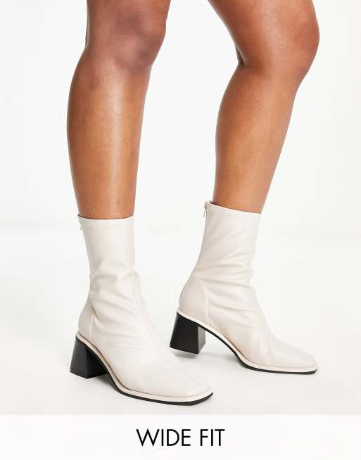 ASOS DESIGN Wide Fit Rescue mid heeled sock boots in off white