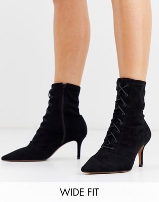 black lace up kitten heel boots