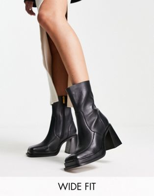 Asos Design Wide Fit Restore Leather Mid-heel Boots In Black