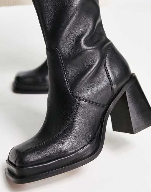 ASOS DESIGN Wide Fit Restore leather mid heel boots in black