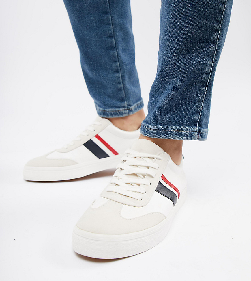 ASOS DESIGN Wide Fit retro trainers in white with navy and red stripe
