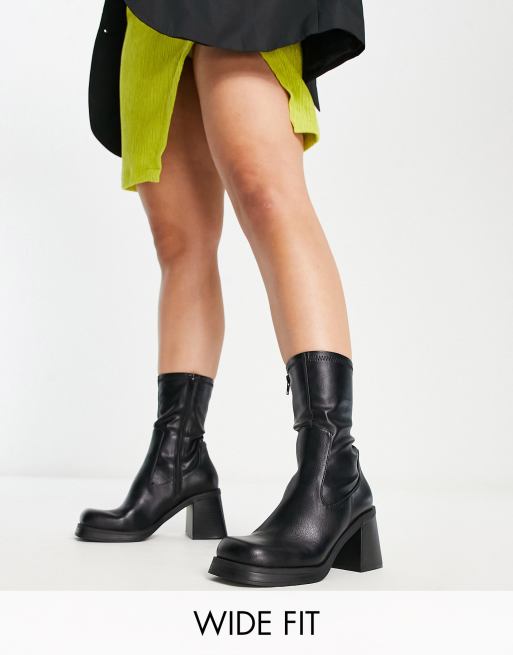 Asos Design Wide Fit Reversed Mid Heel Sock Boots In Black Asos