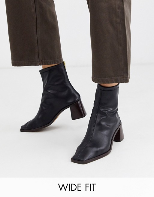 ASOS DESIGN Wide Fit Riverside premium leather mid heel sock boots in black