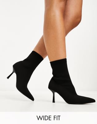 ASOS DESIGN Wide Fit - Rosetta - Sock-Stiefel in Schwarz mit Kitten-Heel-Absatz, weite Passform