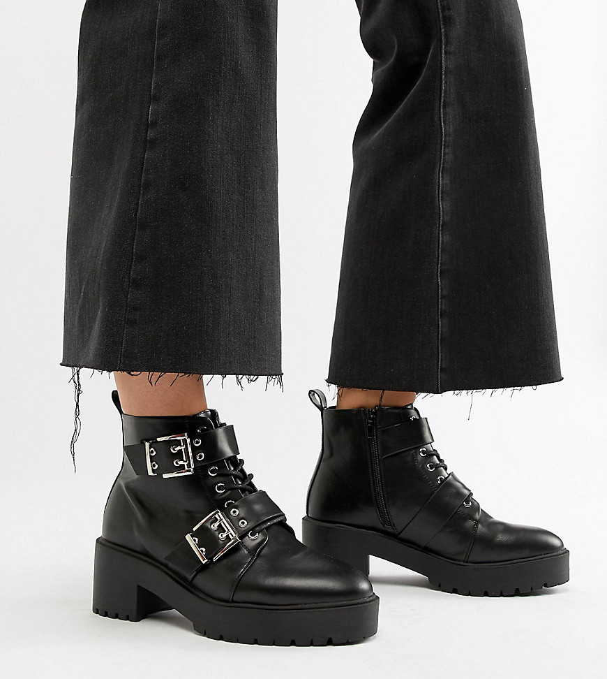 ASOS DESIGN Wide Fit Rouge chunky lace up buckle boots-Black