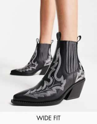 ASOS DESIGN Wide Fit - Roxanne - Western-Stiefel in Schwarz mit Kontrastnähten