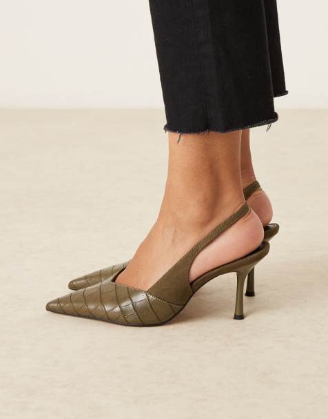 ASOS DESIGN Wide Fit Sabrina slingback stiletto heel shoes in olive croc - view 1