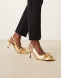 [Asos Design Wide Fit] ASOS DESIGN Wide Fit Saffron bow detail mid heeled shoes in gold 11 GOLD