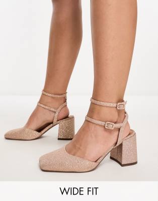 Asos Design Wide Fit Saffy Block Heeled Mid Shoes In Glitter-gold