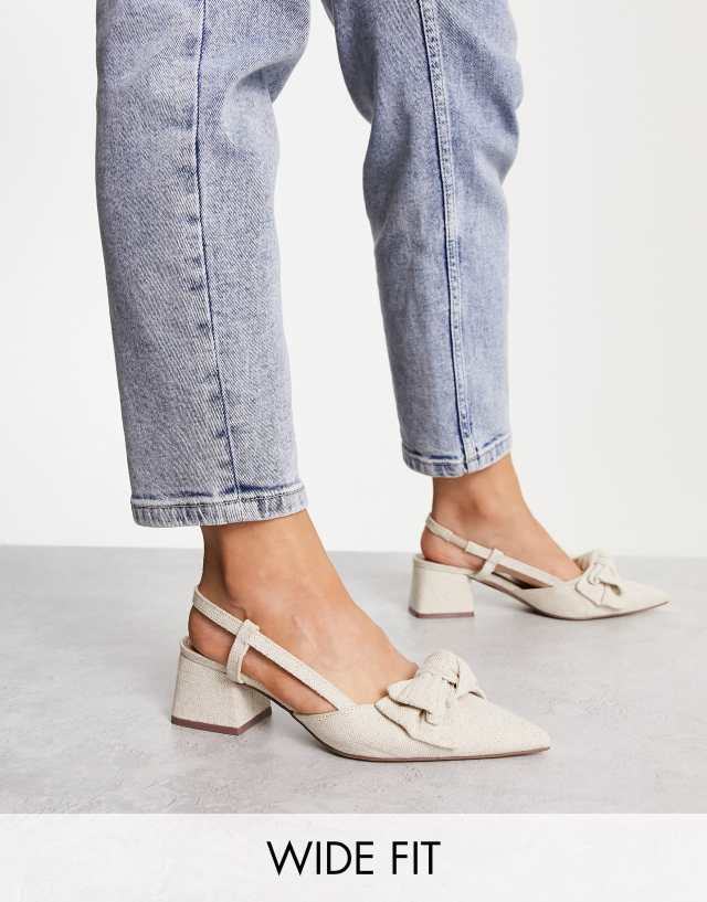 ASOS DESIGN Wide Fit Saidi bow slingback mid heeled shoes in natural fabrication