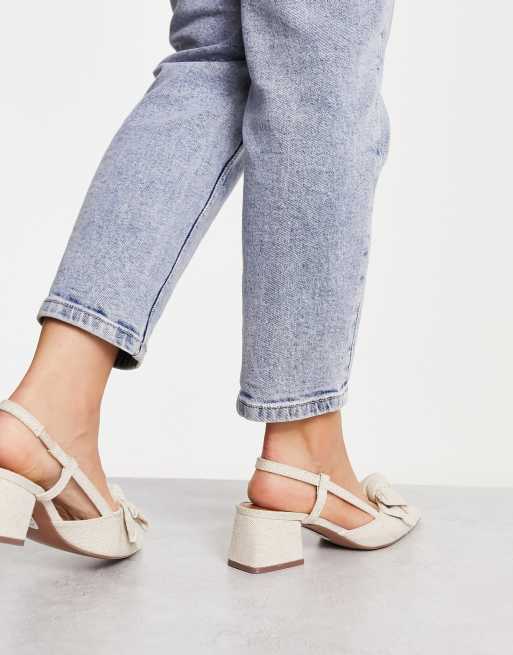 ASOS Design Petal Bow Detail Slingback High Heeled Shoes in Ivory glitter-White