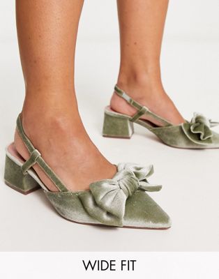 Asos Design Wide Fit Saidi Bow Slingback Mid Heeled Shoes In Sage Velvet-green