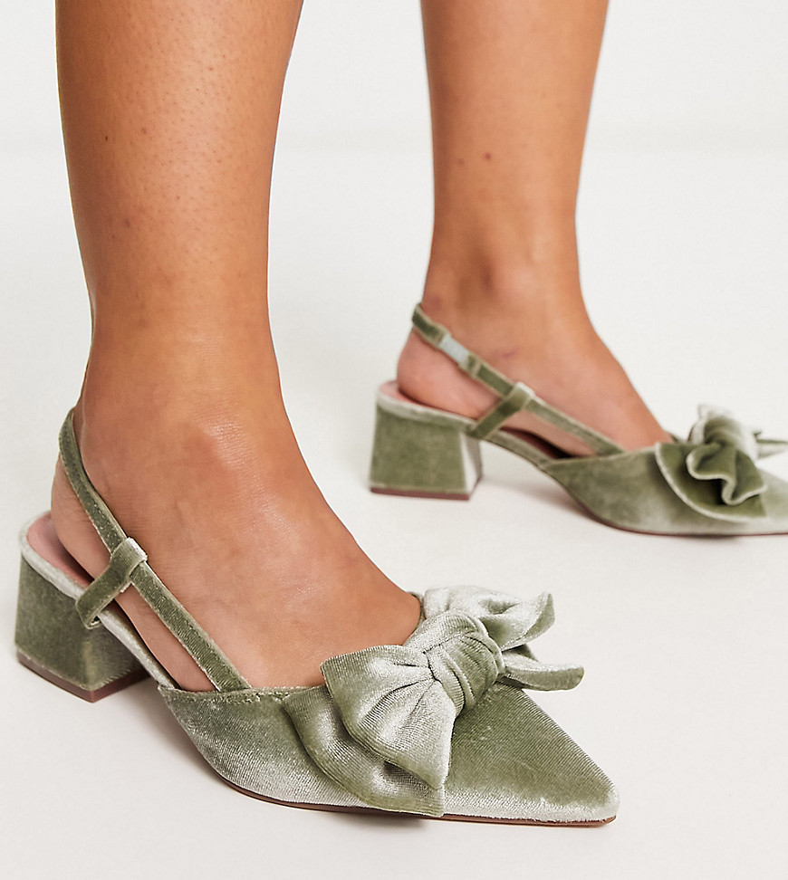 ASOS DESIGN Wide Fit Saidi bow slingback mid heeled shoes in sage velvet-Green