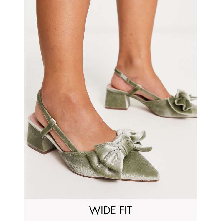 ASOS DESIGN Wide Fit Saidi bow slingback mid heeled shoes in sage velvet